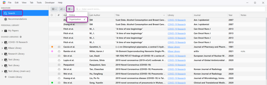 View of organization-wide search features in the desktop application